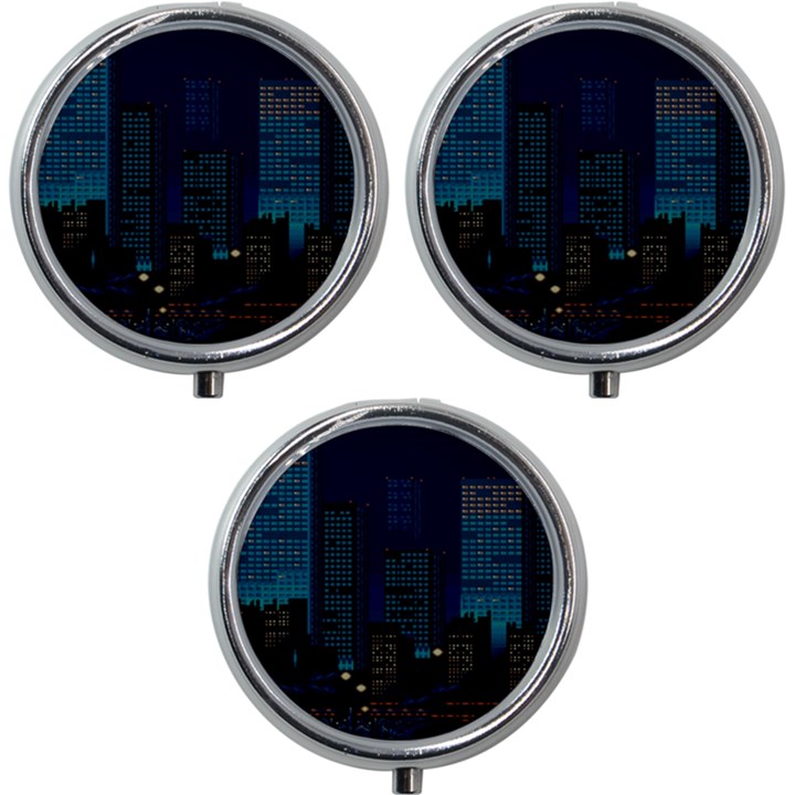 Pixel Art Night City Japan Mini Round Pill Box (Pack of 3)