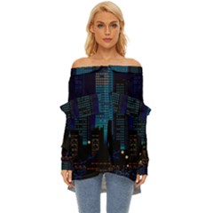 Pixel Art Night City Japan Off Shoulder Chiffon Pocket Shirt by Sarkoni