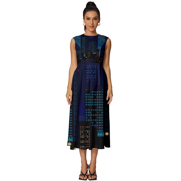 Pixel Art Night City Japan Sleeveless Round Neck Midi Dress