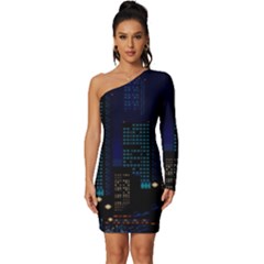 Pixel Art Night City Japan Long Sleeve One Shoulder Mini Dress by Sarkoni