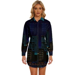 Pixel Art Night City Japan Womens Long Sleeve Shirt Dress