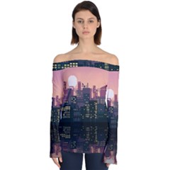 Pixel Art City Off Shoulder Long Sleeve Top by Sarkoni