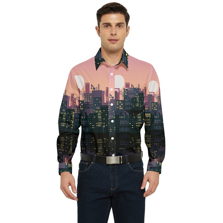 Pixel Art City Men s Long Sleeve Pocket Shirt 