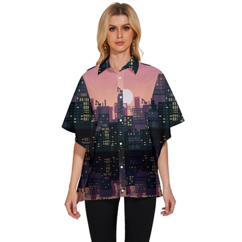 Pixel Art City Women s Batwing Button Up Shirt by Sarkoni