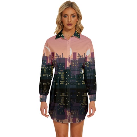 Pixel Art City Womens Long Sleeve Shirt Dress by Sarkoni