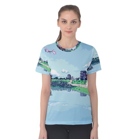 Japanese Themed Pixel Art The Urban And Rural Side Of Japan Women s Cotton T-shirt by Sarkoni