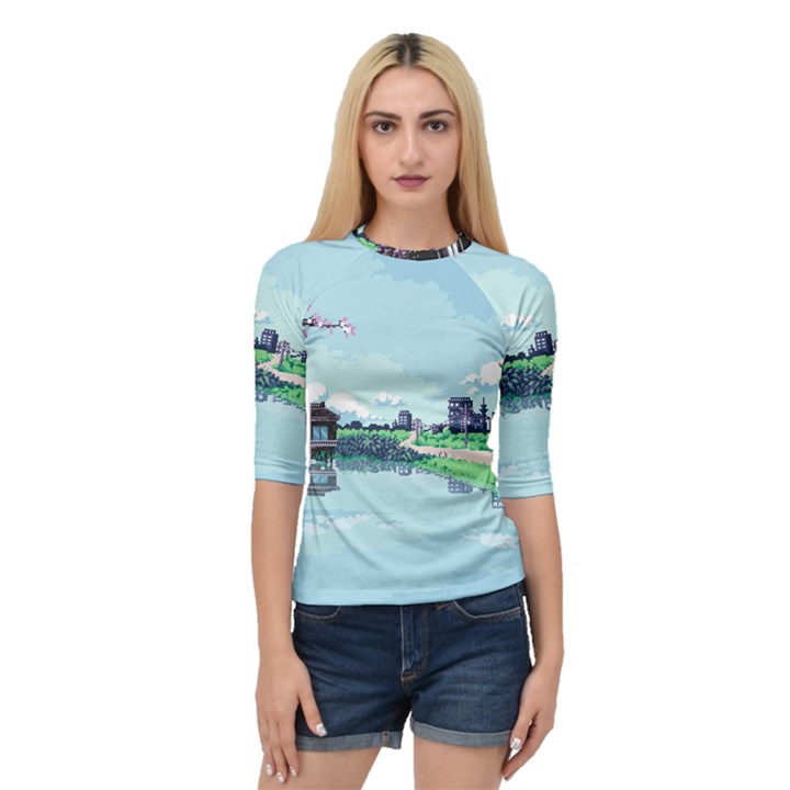 Japanese Themed Pixel Art The Urban And Rural Side Of Japan Quarter Sleeve Raglan T-Shirt