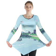 Japanese Themed Pixel Art The Urban And Rural Side Of Japan Long Sleeve Tunic  by Sarkoni