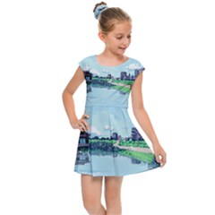 Japanese Themed Pixel Art The Urban And Rural Side Of Japan Kids  Cap Sleeve Dress by Sarkoni