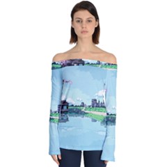 Japanese Themed Pixel Art The Urban And Rural Side Of Japan Off Shoulder Long Sleeve Top by Sarkoni