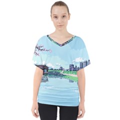 Japanese Themed Pixel Art The Urban And Rural Side Of Japan V-neck Dolman Drape Top by Sarkoni