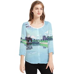 Japanese Themed Pixel Art The Urban And Rural Side Of Japan Chiffon Quarter Sleeve Blouse by Sarkoni