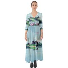 Japanese Themed Pixel Art The Urban And Rural Side Of Japan Button Up Boho Maxi Dress by Sarkoni