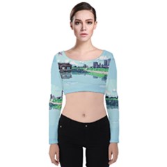 Japanese Themed Pixel Art The Urban And Rural Side Of Japan Velvet Long Sleeve Crop Top by Sarkoni