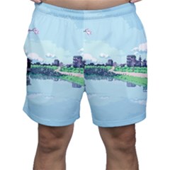 Japanese Themed Pixel Art The Urban And Rural Side Of Japan Men s Shorts by Sarkoni