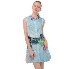 Japanese Themed Pixel Art The Urban And Rural Side Of Japan Sleeveless Shirt Dress by Sarkoni