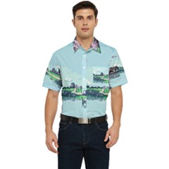 Japanese Themed Pixel Art The Urban And Rural Side Of Japan Men s Short Sleeve Pocket Shirt  by Sarkoni