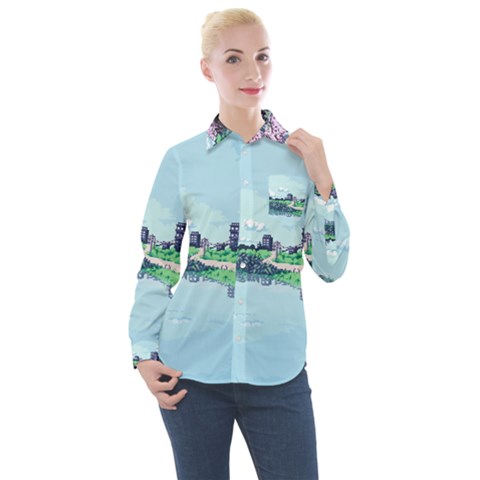 Japanese Themed Pixel Art The Urban And Rural Side Of Japan Women s Long Sleeve Pocket Shirt by Sarkoni