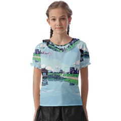 Japanese Themed Pixel Art The Urban And Rural Side Of Japan Kids  Frill Chiffon Blouse by Sarkoni