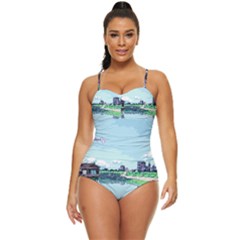 Japanese Themed Pixel Art The Urban And Rural Side Of Japan Retro Full Coverage Swimsuit by Sarkoni