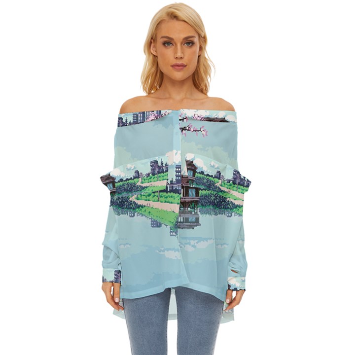 Japanese Themed Pixel Art The Urban And Rural Side Of Japan Off Shoulder Chiffon Pocket Shirt