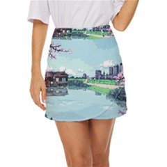 Japanese Themed Pixel Art The Urban And Rural Side Of Japan Mini Front Wrap Skirt by Sarkoni