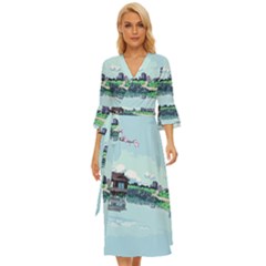 Japanese Themed Pixel Art The Urban And Rural Side Of Japan Midsummer Wrap Dress by Sarkoni