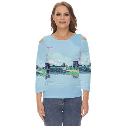 Japanese Themed Pixel Art The Urban And Rural Side Of Japan Cut Out Wide Sleeve Top by Sarkoni