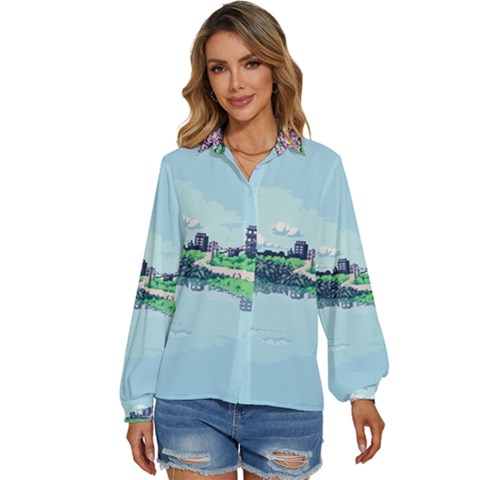 Japanese Themed Pixel Art The Urban And Rural Side Of Japan Women s Long Sleeve Button Up Shirt by Sarkoni