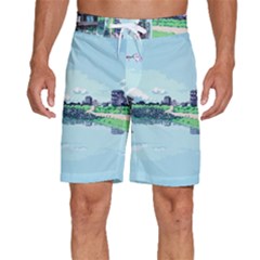 Japanese Themed Pixel Art The Urban And Rural Side Of Japan Men s Beach Shorts