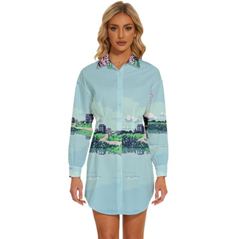 Japanese Themed Pixel Art The Urban And Rural Side Of Japan Womens Long Sleeve Shirt Dress by Sarkoni