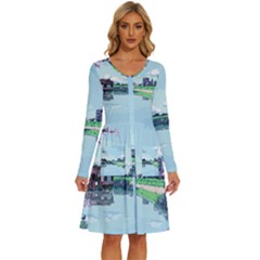 Japanese Themed Pixel Art The Urban And Rural Side Of Japan Long Sleeve Dress With Pocket by Sarkoni