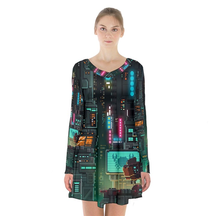 Video Game Pixel Art Long Sleeve Velvet V-neck Dress