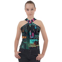 Video Game Pixel Art Cross Neck Velour Top by Sarkoni