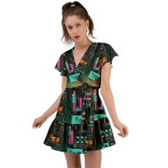 Video Game Pixel Art Flutter Sleeve Wrap Dress by Sarkoni