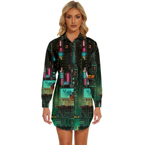 Video Game Pixel Art Womens Long Sleeve Shirt Dress by Sarkoni