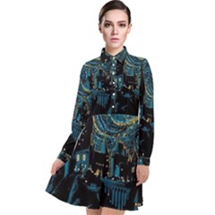 Hogwarts Starry Night Van Gogh Long Sleeve Chiffon Shirt Dress by Sarkoni