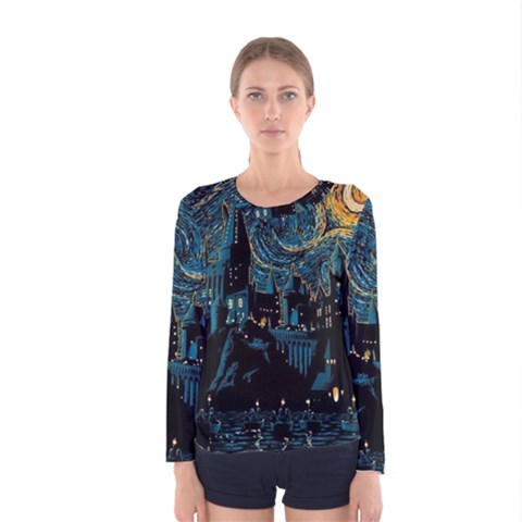 Hogwarts Starry Night Van Gogh Women s Long Sleeve T-shirt by Sarkoni