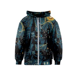 Hogwarts Starry Night Van Gogh Kids  Zipper Hoodie by Sarkoni