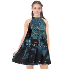 Hogwarts Starry Night Van Gogh Halter Neckline Chiffon Dress  by Sarkoni