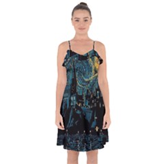 Hogwarts Starry Night Van Gogh Ruffle Detail Chiffon Dress by Sarkoni