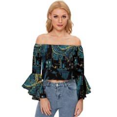 Hogwarts Starry Night Van Gogh Off Shoulder Flutter Bell Sleeve Top by Sarkoni