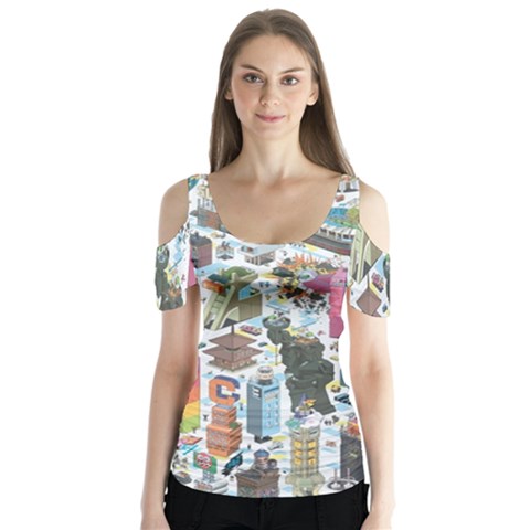 City Pattern Pixel Art Japan Butterfly Sleeve Cutout T-shirt  by Sarkoni