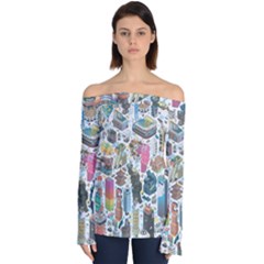 City Pattern Pixel Art Japan Off Shoulder Long Sleeve Top by Sarkoni