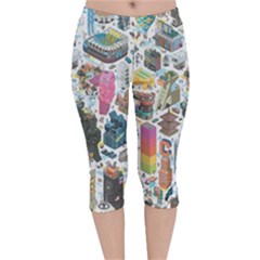 City Pattern Pixel Art Japan Velvet Capri Leggings  by Sarkoni