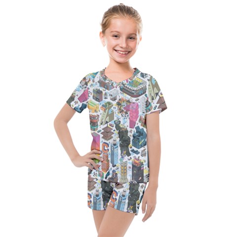 City Pattern Pixel Art Japan Kids  Mesh T-shirt And Shorts Set by Sarkoni