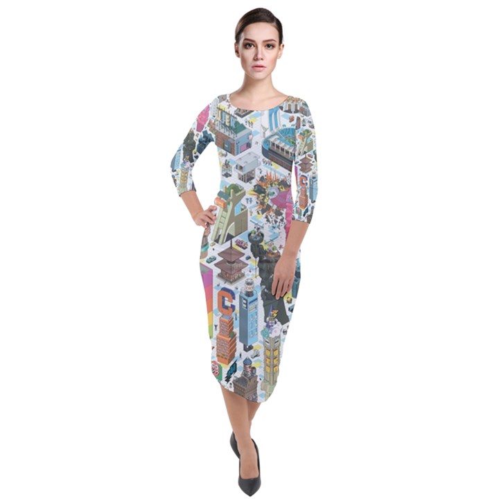 City Pattern Pixel Art Japan Quarter Sleeve Midi Velour Bodycon Dress