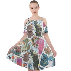 City Pattern Pixel Art Japan Cut Out Shoulders Chiffon Dress by Sarkoni