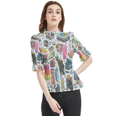 City Pattern Pixel Art Japan Frill Neck Blouse by Sarkoni