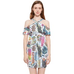 City Pattern Pixel Art Japan Shoulder Frill Bodycon Summer Dress by Sarkoni